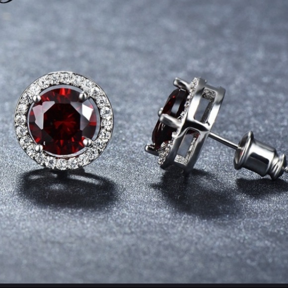 Elegance 10ct White Gold Princess Cut Ruby Studs - Picture 2 of 7